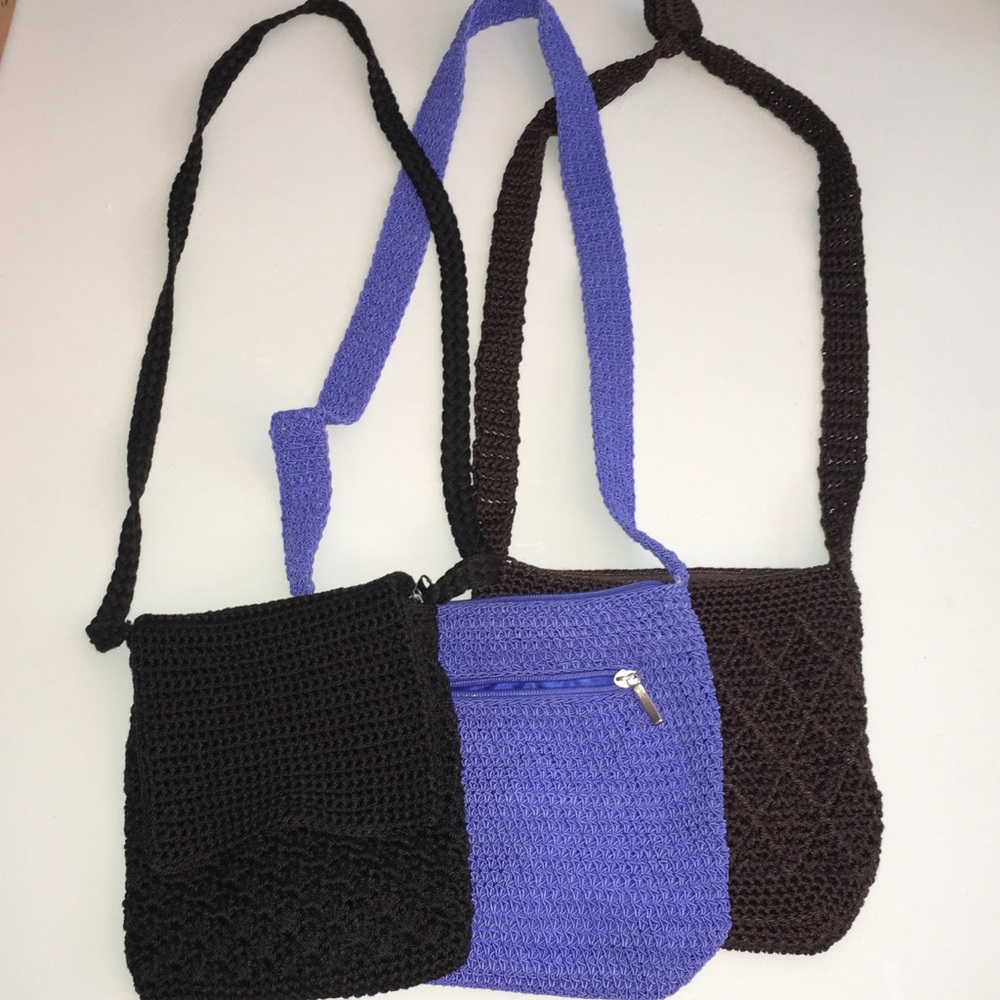 Crocheted purses, set of three: black, blue, brown